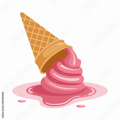 An overturned ice cream cone is spilling delicious pink ice cream onto a clean surface, illustrating a fun and messy summer treat that brings joy to many.