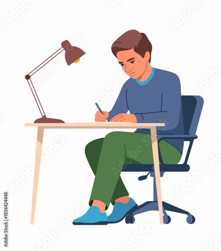 A young, attentive student is captured writing at a desk, demonstrating concentration, creativity, and the importance of education in a calm learning environment.