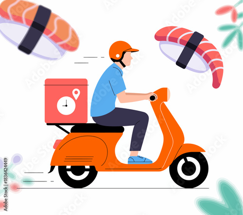 A dynamic illustration of a food delivery rider riding an orange scooter, emphasizing speed and efficiency in modern food delivery services, with sushi floating around him.