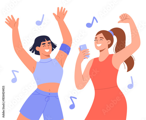 Two cheerful friends are dancing joyfully with bright expressions as they enjoy music, embodying happiness and carefree moments in a vibrant and lively setting.