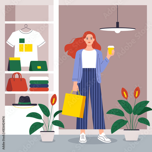 An illustration of a stylish woman enjoying a shopping day with a takeaway cup and a shopping bag, symbolizing retail therapy and modern lifestyle trends.