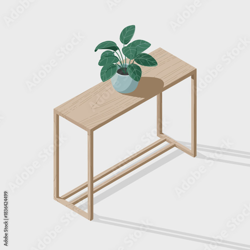 A sleek wooden table adorned with a green potted plant highlights minimalism, perfect for interior design projects aiming for a clean and modern aesthetic.