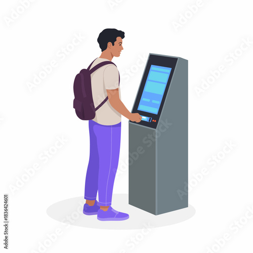 A young individual stands at a digital kiosk interacting with the touchscreen while wearing a backpack. The scene emphasizes modern technology in public spaces.