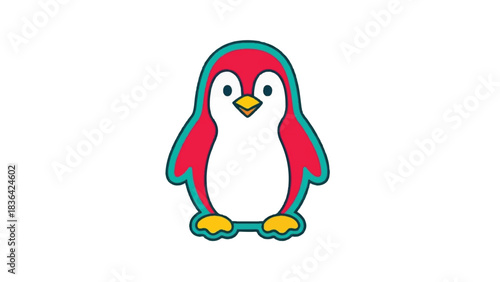Cute Cartoon Penguin with Red Body and Blue Outline Standing.