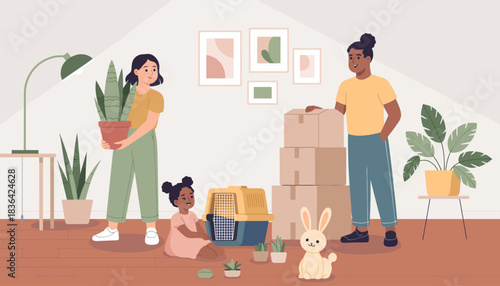 A warm illustration depicting a family happily unpacking boxes in their new home, illustrating themes of togetherness, joy, and new beginnings with their beloved pets.