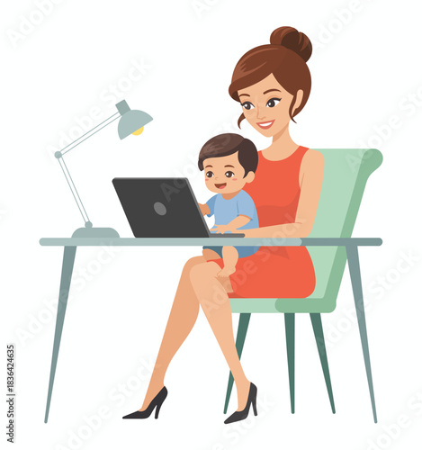 This image captures a nurturing mother working on her laptop while holding her baby, emphasizing the blend of family life and professional responsibilities in modern society.