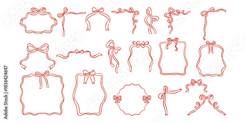 Hand-drawn red ribbon bow frames and decorative borders set. Doodle sketch elements for invitations, greetings, holidays, and decoration.