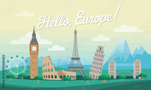 This vibrant illustration showcases iconic European landmarks, including Big Ben, the Eiffel Tower, Leaning Tower of Pisa, and more against a scenic mountain backdrop.