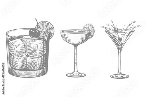 hand drawn engraving drink glass set with splash vector illustration. Cocktails alcoholic daiquiri, old fashioned, manhattan, martini, sidecar. Eps 10