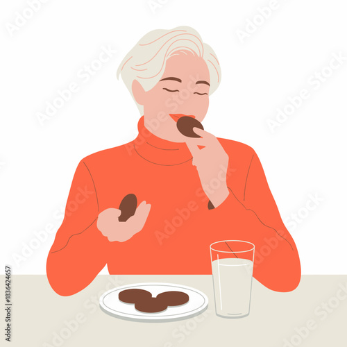 A joyful moment captured as a young woman indulges in cookies and milk, symbolizing comfort, satisfaction, and the pleasure of simple treats.