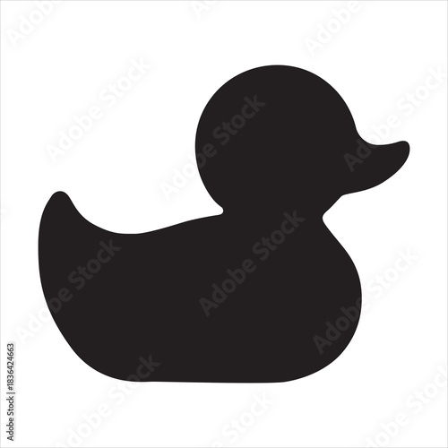 Ten black rubber duck silhouettes with white outlines are arranged in two rows, showing various cute expressions and interactions in a minimalist graphic style. Black rubber duck silhouette isolated. 