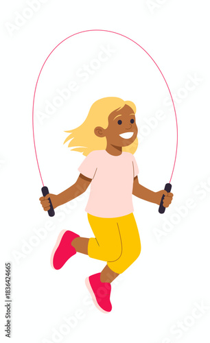 A joyful illustration of a child happily skipping rope in a bright and cheerful outdoor setting, symbolizing childhood happiness, movement, and carefree playfulness.