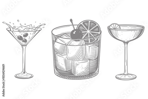 hand drawn engraving drink glass set with splash vector illustration. Cocktails alcoholic daiquiri, old fashioned, manhattan, martini, sidecar. Eps 10