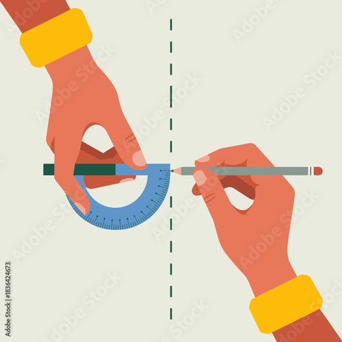 Hands carefully using a protractor and pencil on a light background, illustrating the precision and skill required for accurate drawing or technical measurements.