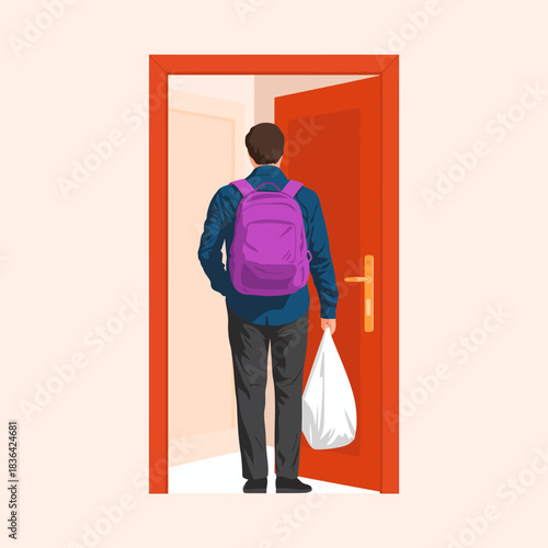 A person stands at an open door, looking back while holding a white trash bag in one hand and wearing a vibrant purple backpack, symbolizing departure and transition.