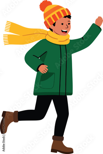 Joyful child in winter attire running and waving happily embodying the spirit of a cold season day