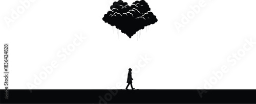 Silhouette of a person walking under a rain cloud in a minimalist landscape