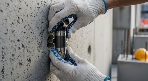 Hands installing durable IoTenabled sensors in a commercial buildings concrete walls enabling continuous monitoring during the curing phase.