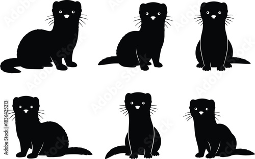 Collection of black ferrets or mink silhouettes showing various sitting, resting, and alert poses with white faces, isolated vector illustration set.