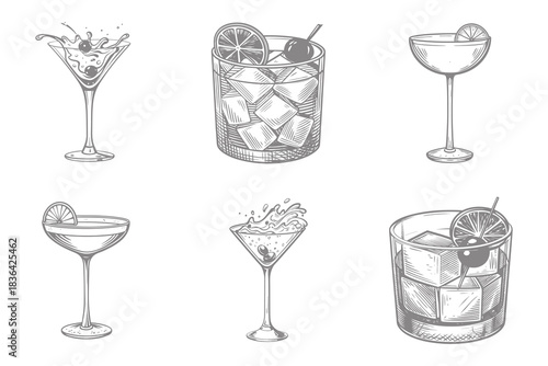 drink glass set with alcoholic splash illustration. vintage style Cocktails alcoholic daiquiri, old fashioned, manhattan, martini, sidecar glass hand drawn engraving vector. Eps 10