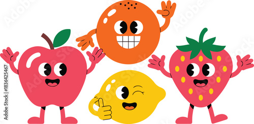 Cute Cartoon Fruits Characters with Faces, Arms, and Legs Vector Illustration Design for Kids Funny Food Emoticon Mascot