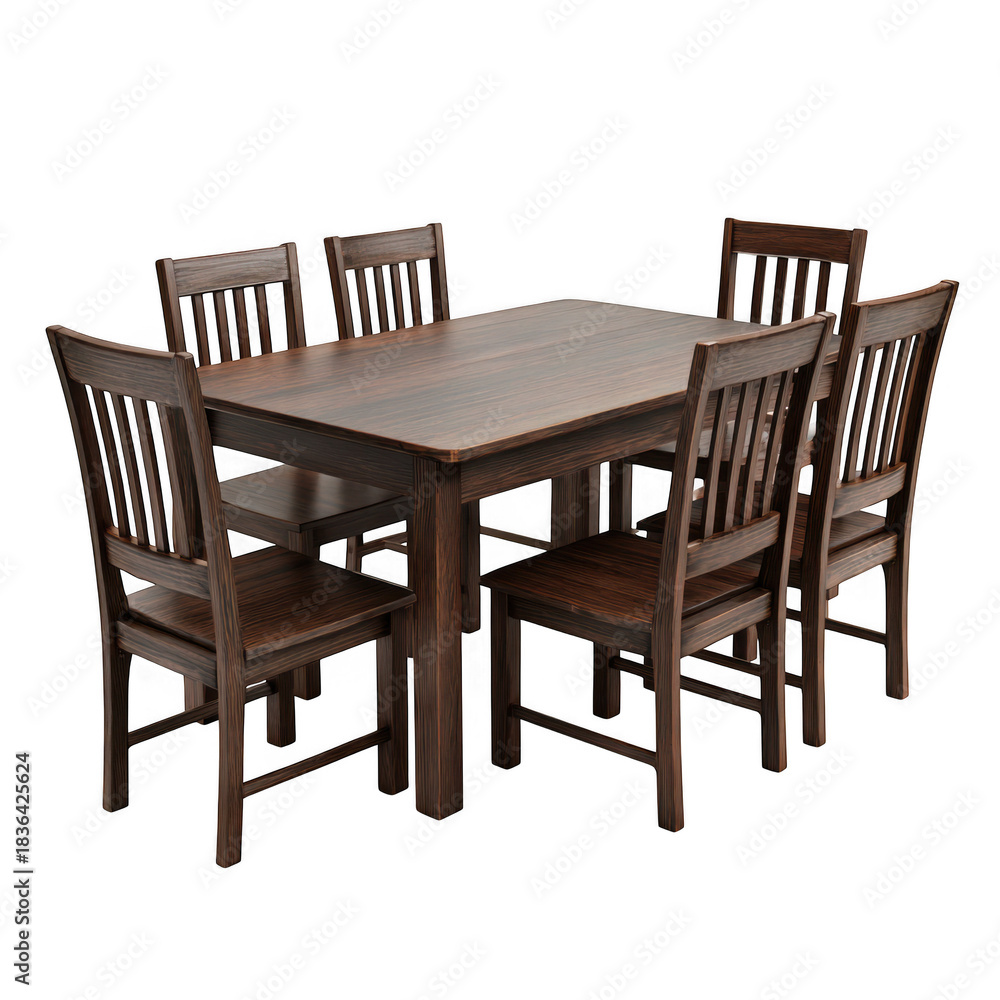 Fototapeta premium Classic wooden dining table and six chairs set isolated on transparent background