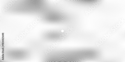 Black concentric circle texture. Radial geometric pattern background. Linear epicenter, radar, target concept. Round rippled halftone ring wallpaper for brochure, template, poster, overlay. Vector