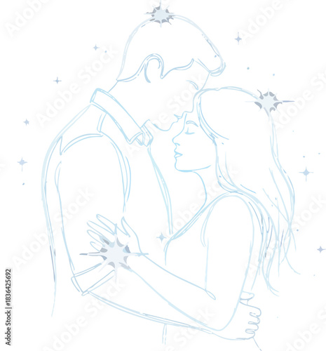 Romantic couple embracing in a starry night sketch with love and connection theme