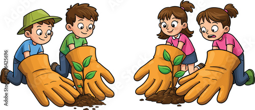 Diverse children exploring, whispering, and gardening, learning, adventure, discovery, and communication concept.