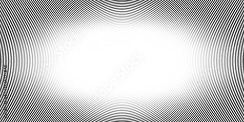 Black concentric circle texture. Radial geometric pattern background. Linear epicenter, radar, target concept. Round rippled halftone ring wallpaper for brochure, template, poster, overlay. Vector