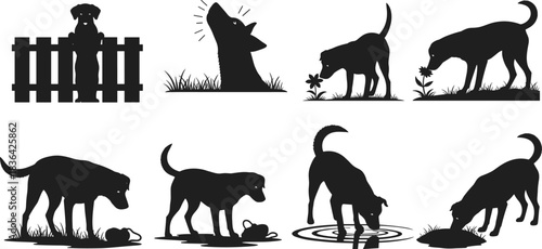 Dog silhouette collection showing various daily behaviors like barking, sniffing, eating, drinking, and looking over a fence, isolated vector illustration graphic.