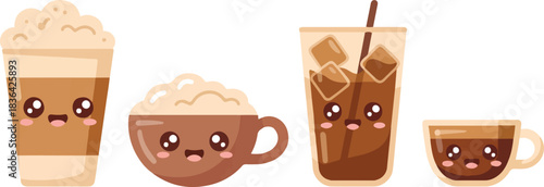 Cute Cartoon Kawaii Coffee Cups and Glasses with Smiling Faces Vector Illustration Concept on Transparent Background Isolated