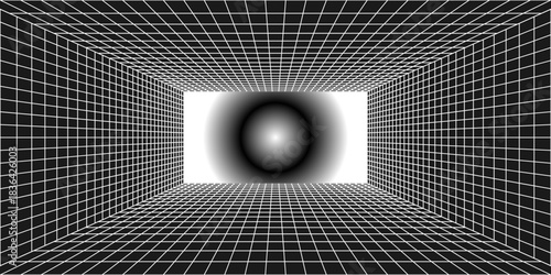 Room projection grid in futuristic 3d style. Outline futuristic grid background, room projection. Wireframe grid template in perspective view