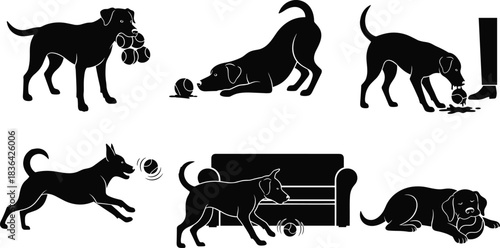 Dog silhouette set showing various pet activities like playing with balls, stretching, running, and resting indoors, isolated vector illustration graphic.