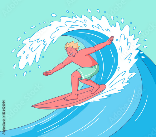 A young boy effortlessly rides a surfboard through a bright blue wave, representing freedom, adventure, and the thrill of summer beach activities.