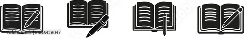 Four open journal books with pens symbolize writing, education, and creativity in a minimalist style.