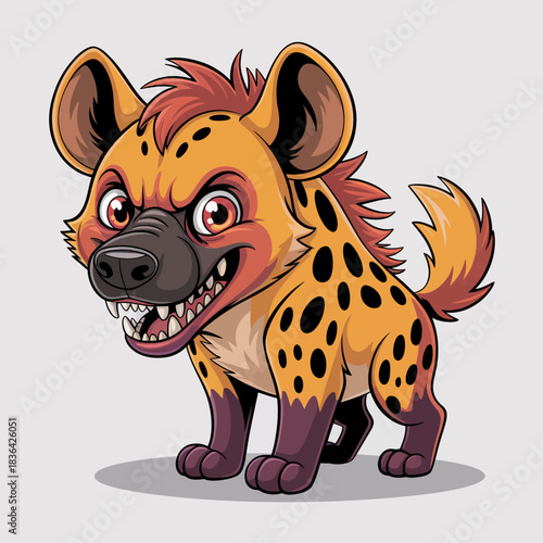 A cartoon-style hyena character with an expressive grin, showcasing a playful and cunning nature, perfect for children's stories and whimsical art.