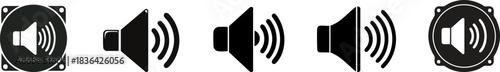 A set of five speaker icons depicting various sound levels and designs, illustrating audio amplification.