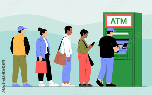 An illustrated scene showing a diverse group of people waiting in line at an ATM, highlighting a shared experience of daily life in a modern urban setting.