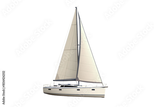 Beige catamaran sailboat with tall mast and cream colored sails, isolated on a transparent background