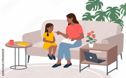 A heartwarming scene of a mother reading a storybook to her daughter on a comfy couch, illustrating the bonds of family and the love of storytelling in a cozy environment.