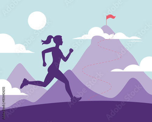 A silhouetted female runner energetically ascends a mountain trail, symbolizing determination and strength as she heads towards the summit marked by a red flag.