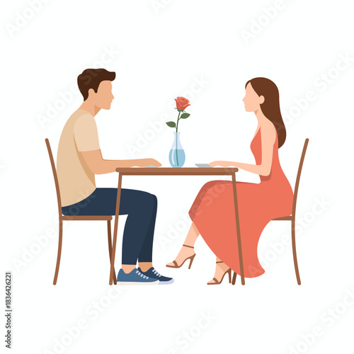 A cozy illustration depicting a romantic dinner date scene with a flower centerpiece, capturing the essence of love, connection, and shared experiences between partners.