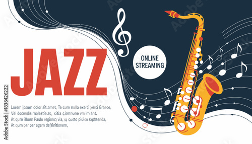 An eye-catching poster design that conveys the essence of jazz music with stylish typography and a saxophone illustration, perfect for promoting online music streaming services.