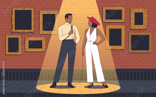 A vibrant scene of two performers on stage, engaging with the audience through humor, showcasing the joy of comedy and entertainment in a lively artistic environment.