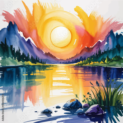 A breathtaking sunset paints the sky in vibrant colors, reflecting beautifully on the still waters of a serene lake surrounded by majestic mountains and lush greenery.