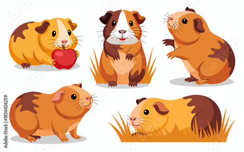 An adorable collection of guinea pigs depicted in various poses on a bright white backdrop, showcasing their playful nature, cuteness, and charm, perfect for animal lovers.