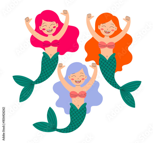 This playful image features three cheerful mermaids with colorful hair playfully swimming, capturing the enchanting and whimsical essence of underwater fantasy.
