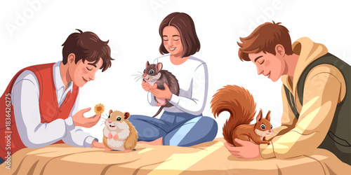 Children joyfully interact with small pets in a cozy, playful setting. This image captures the innocence of childhood and the strength of bonds between pets and kids in a heartwarming moment.