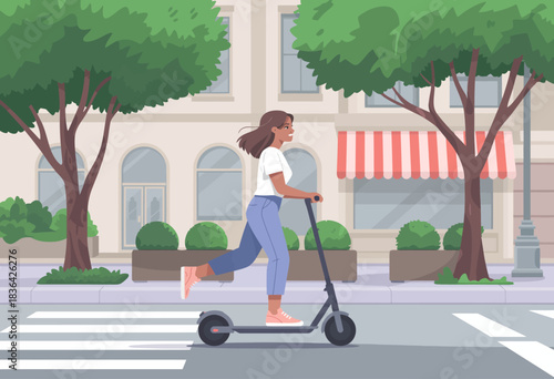 A spirited woman rides an electric scooter joyfully down the street, symbolizing freedom and fun, amidst a picturesque urban environment enriched by greenery.